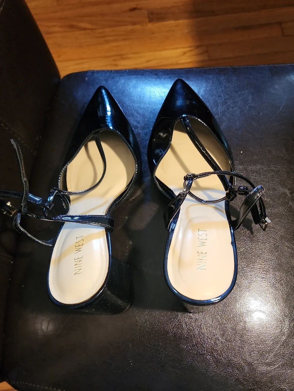 Nine West Black Patent Pointed Ballet Heels with Ankle Straps